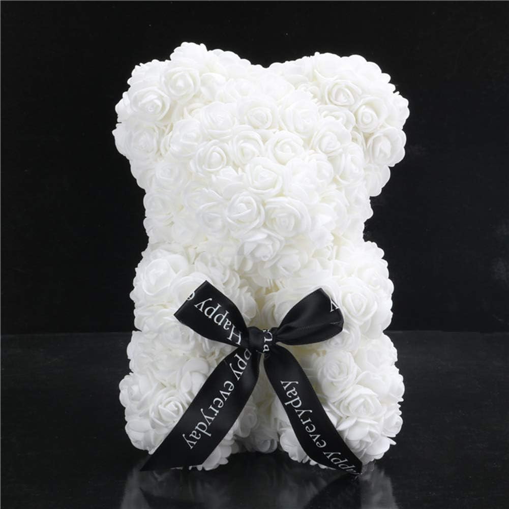 Orsetto con Rose Artificiali Fatto a Mano 25 cm (Bianco)