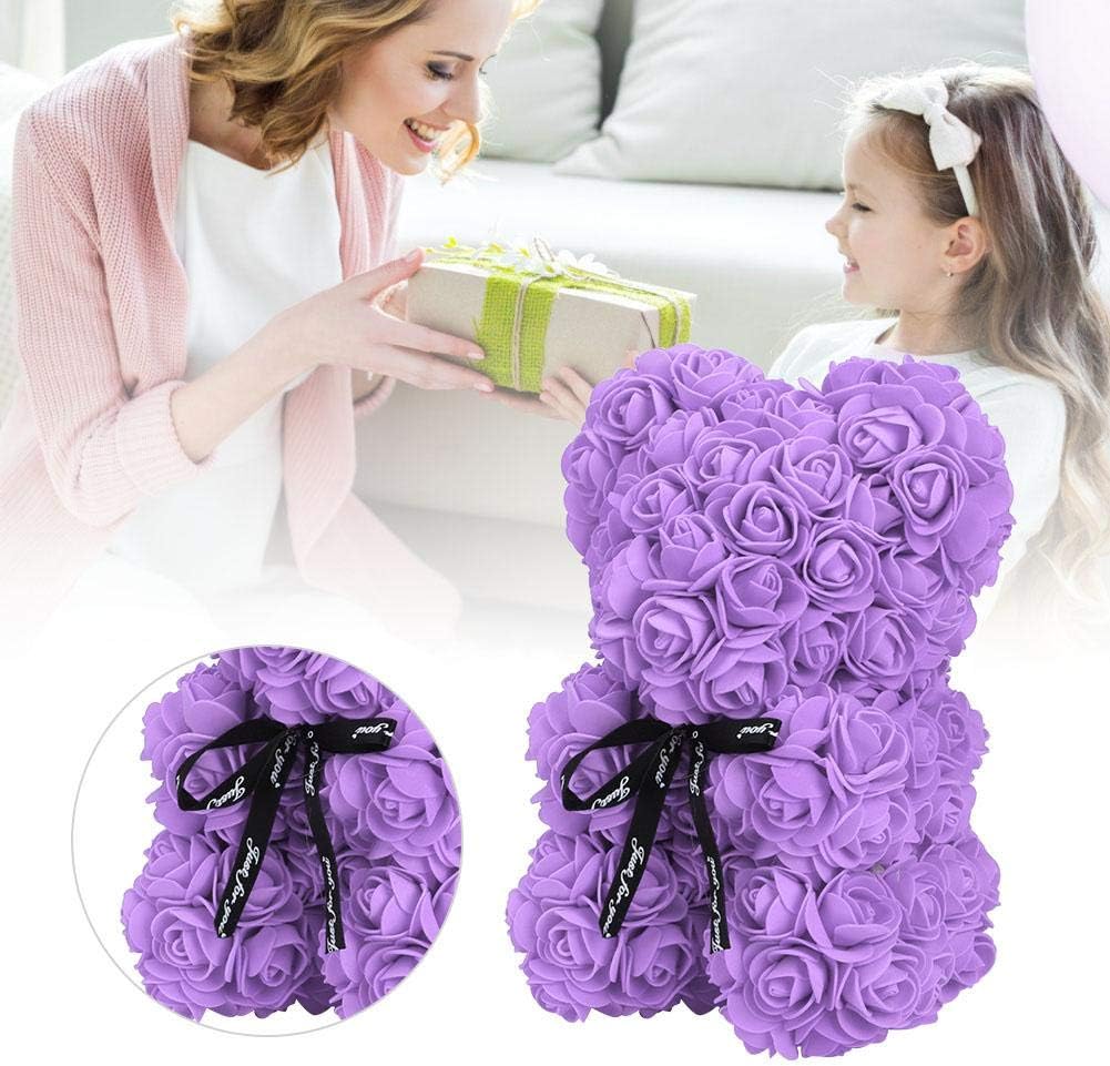 Orsetto con Rose Artificiali Fatto a Mano 25 cm (Viola)