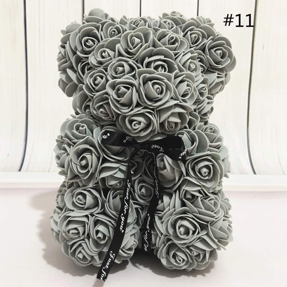 Orsetto con Rose Artificiali Fatto a Mano 25 cm (Grigio)