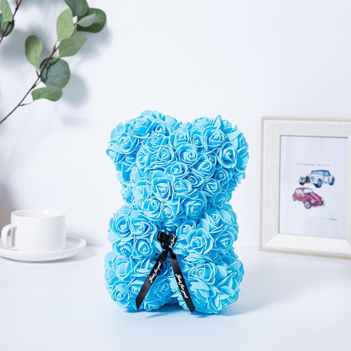 Orsetto con Rose Artificiali Fatto a Mano (celeste)