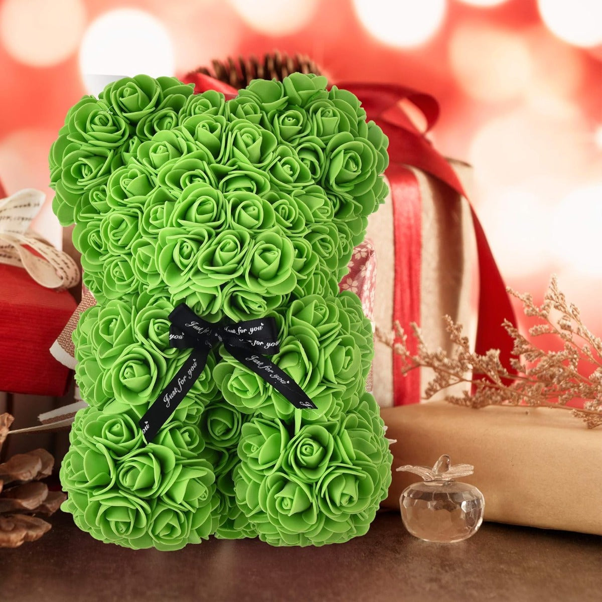 Orsetto con Rose Artificiali Fatto a Mano 25 cm (Verde)