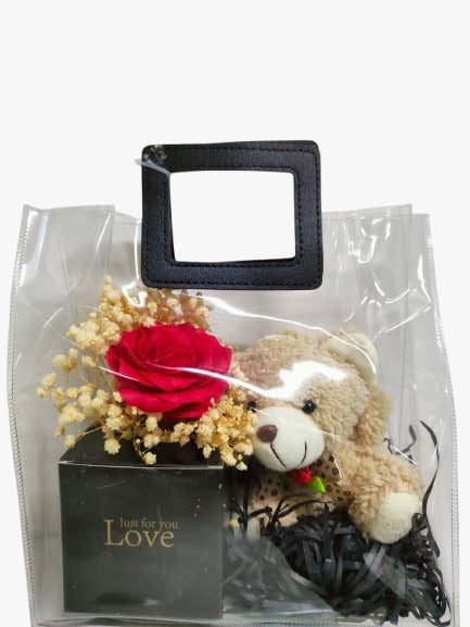 Confezione Regalo Elegante con Orsetto, Rosa e Accessori Decorativi