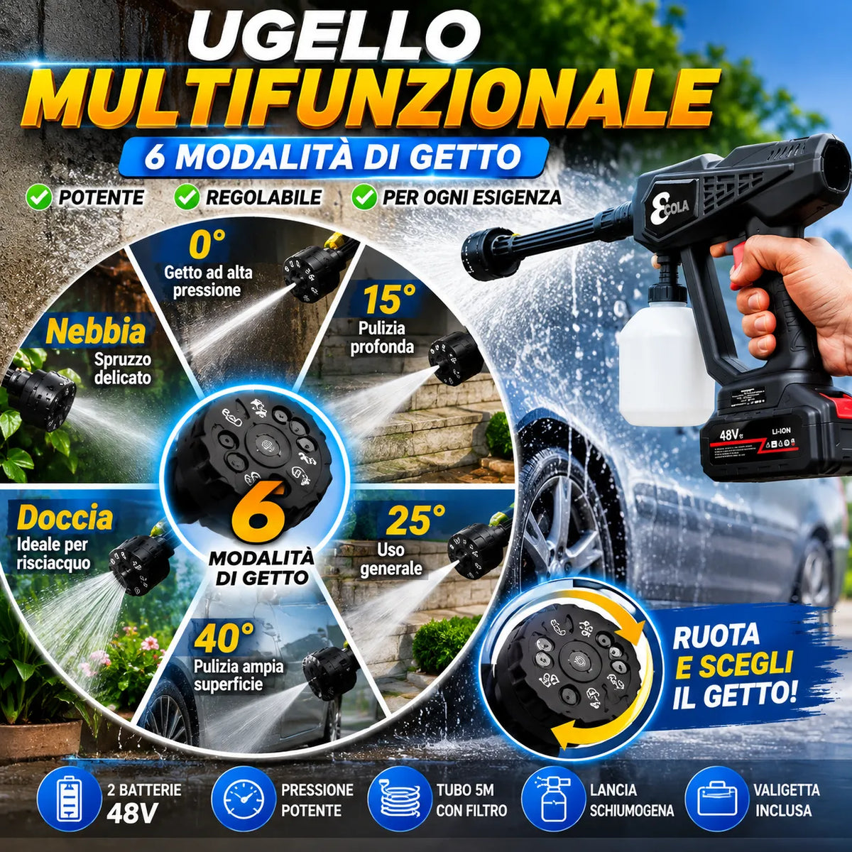 Idropulitrice Cordless 48V con 2 Batterie, Ugello 6 in 1 e Schiumogeno – Pistola ad Alta Pressione Portatile per Auto, Moto, Giardino, Tapparelle e Balconi