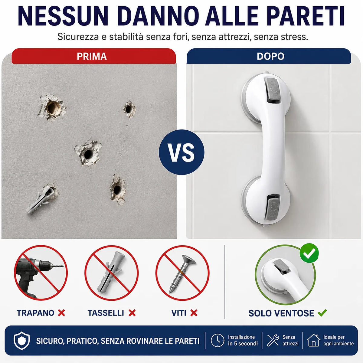 Maniglia da Doccia con Ventosa - Sicurezza e Supporto Antiscivolo per Anziani, Bambini e Disabili