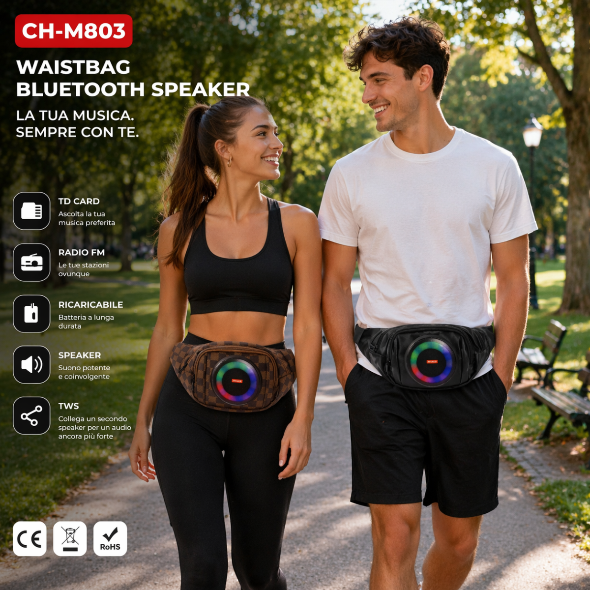 Marsupio con Speaker Bluetooth Integrato RGB – Wireless, Ricaricabile, con Slot TF, Perfetto per Sport, Viaggi e Tempo Libero