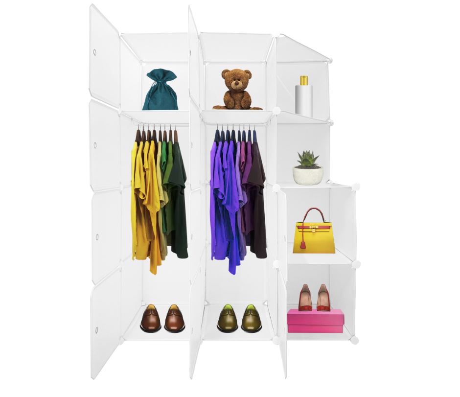 Armadio Guardaroba Modulare a 10 Cubi con Ante – Appendiabiti Personalizzabile per Abiti, Scarpe e Accessori – Struttura in Metallo e Plastica Resistente – Bianco