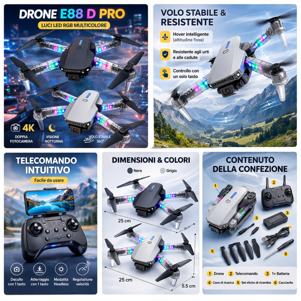 Drone pieghevole E88 D Pro con app e doppia fotocamera HD, luci LED, controllo remoto e mantenimento altezza