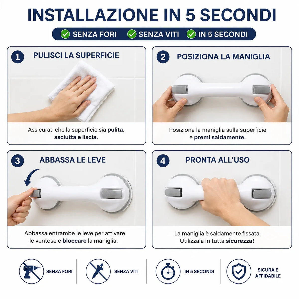 Maniglia da Doccia con Ventosa - Sicurezza e Supporto Antiscivolo per Anziani, Bambini e Disabili