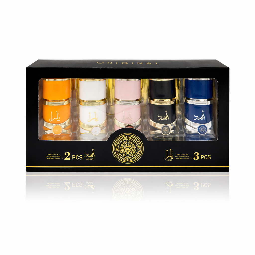 Set Profumi Lattafa 5 Pezzi – Kit 3 Femminili Yara + 2 Maschili Asad | Fragranze Arabe 30 ml