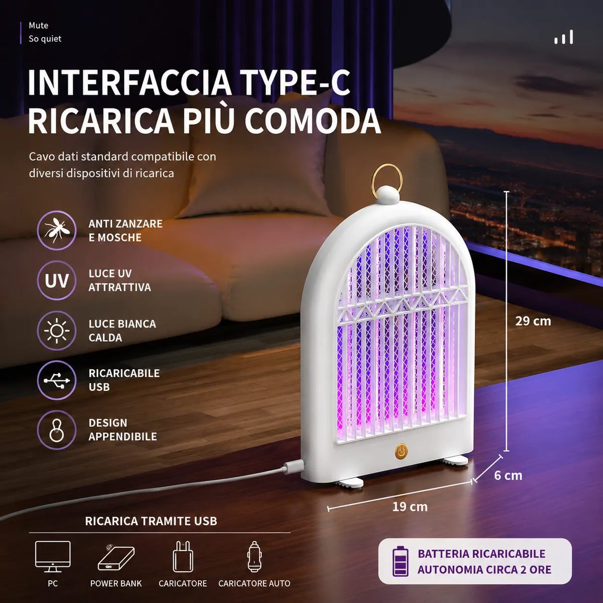 Lampada Insetticida LED UV Ricaricabile USB 2 Modalità Anti Zanzare Mosche da Appendere