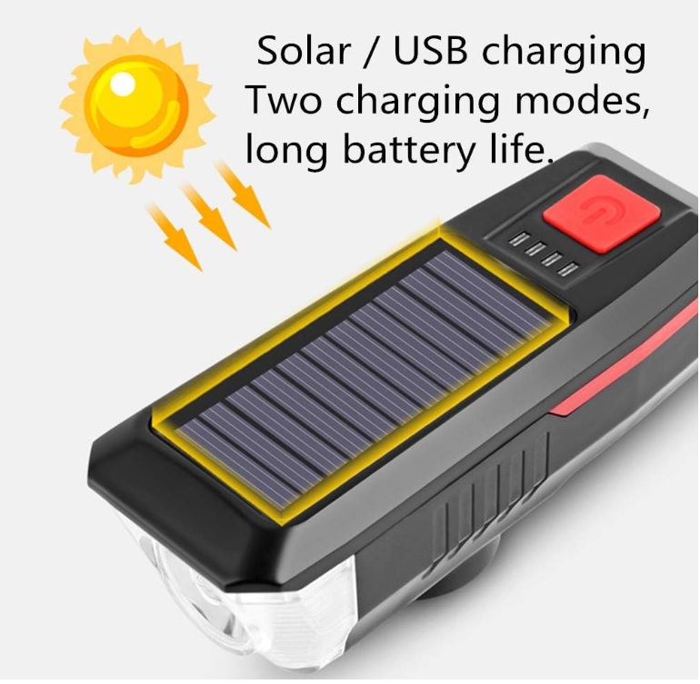 Luce Solare per Bici con Clacson da 120 dB - LED Potente, Ricarica Solare e USB, Impermeabile