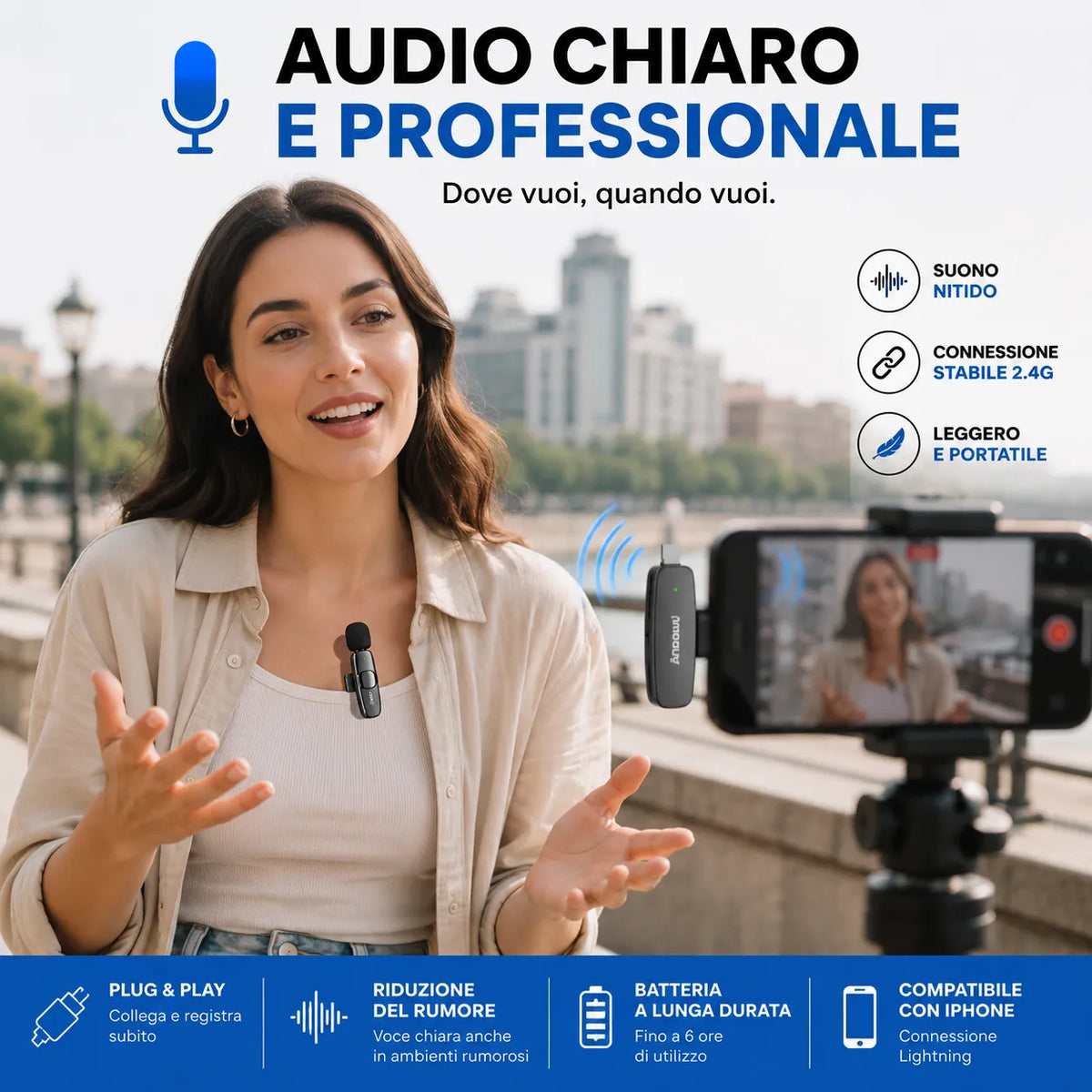 Microfono Wireless Lavalier per iPhone Lightning Senza Fili con Riduzione del Rumore – Plug & Play