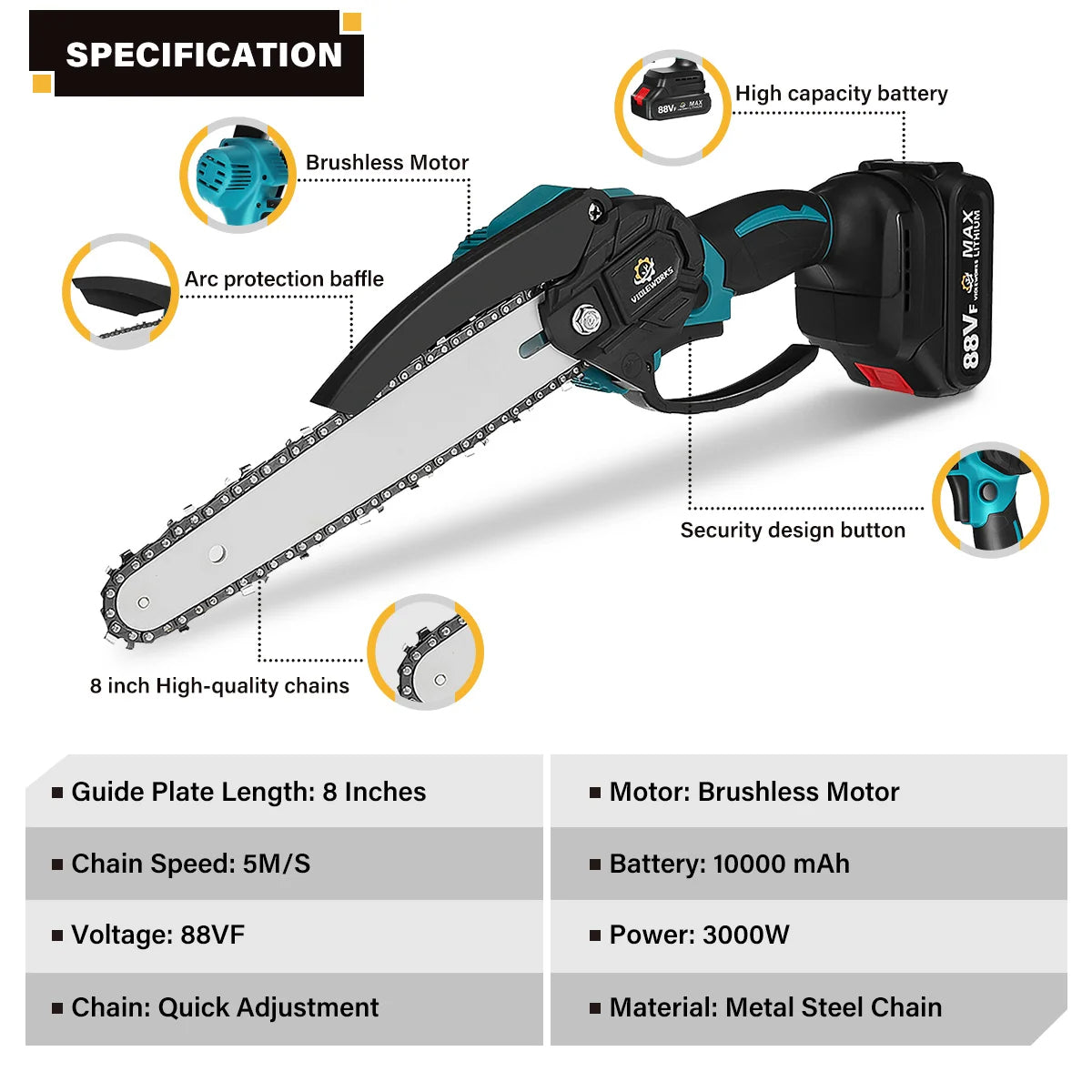 Mini motosega da 8 pollici con doppia batteria con valigetta