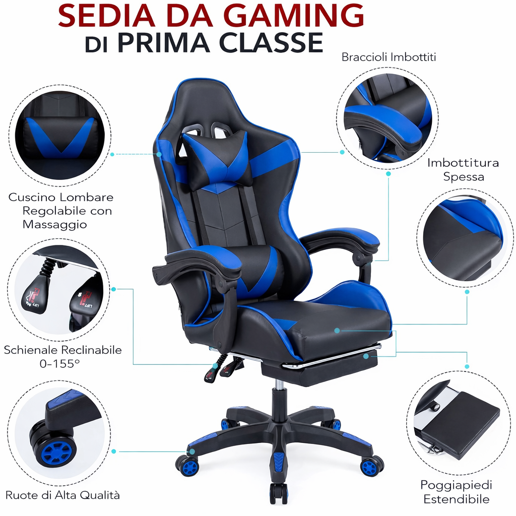 Poltrona Gaming Ergonomica Reclinabile con Poggiapiedi Estraibile, Cuscini Lombare e Cervicale, Altezza Regolabile