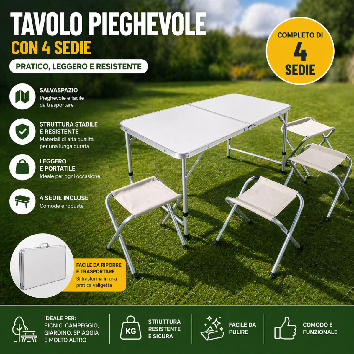 Tavolo Pieghevole con 4 Sedie – Set Campeggio Portatile Salvaspazio | Tavolino Richiudibile a Valigetta per Picnic, Giardino e Viaggi