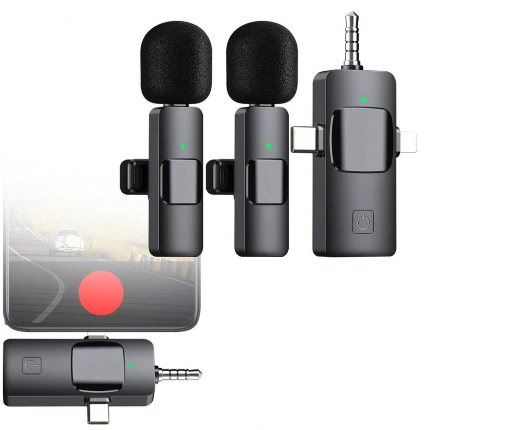 Microfono Lavalier Wireless 3 in 1 - Compatibile con iPhone, iPad, Android, Fotocamera, Riduzione del Rumore, Microfono per Vlog, TikTok, YouTube Live Stream