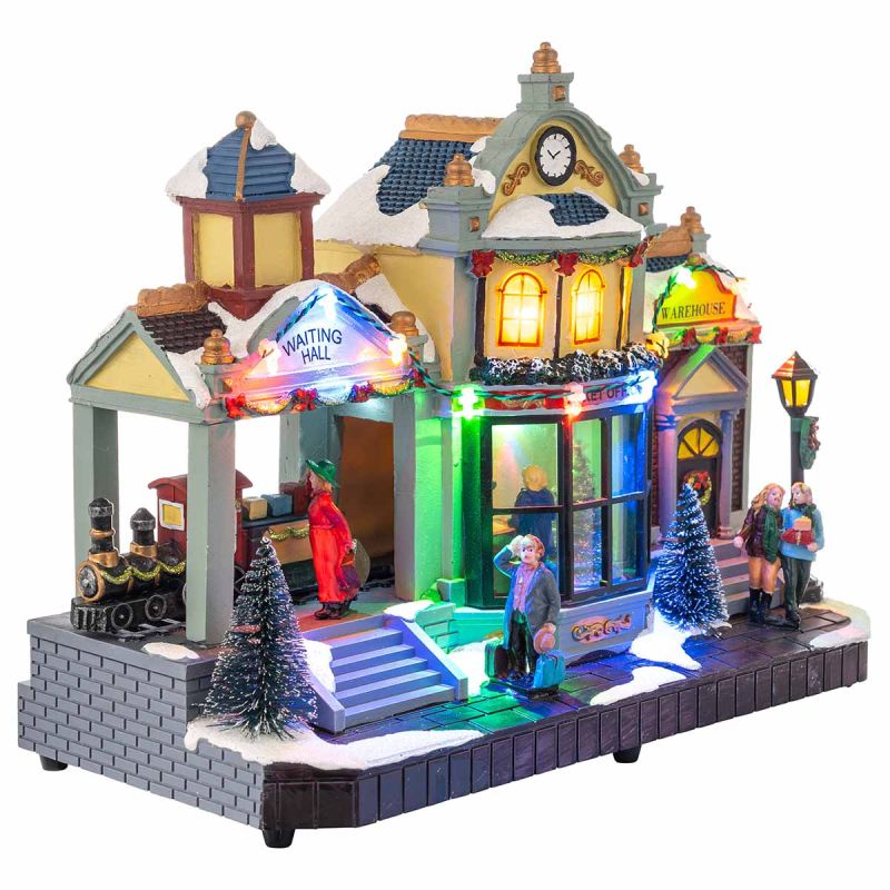 Stazione di Babbo Natale - Villaggio Natalizio con Luci LED, Movimento e Musica 30 cm