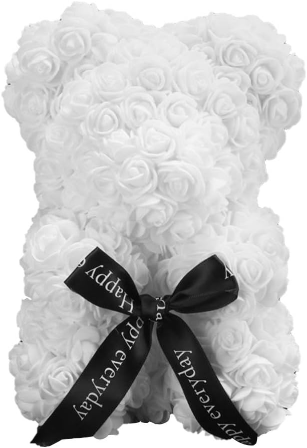 Orsetto con Rose Artificiali Fatto a Mano 25 cm (Bianco)
