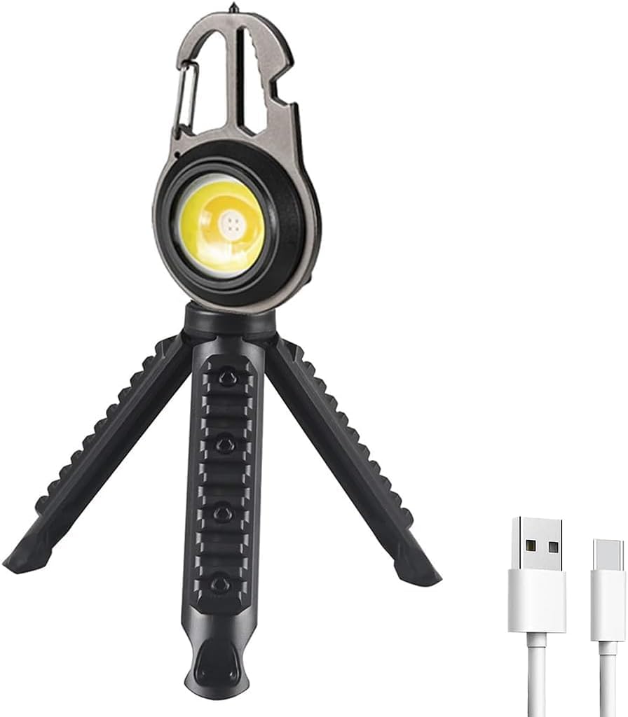 Torcia Multifunzione Ricaricabile da Campeggio e Pesca con Apribottiglie, Treppiede e Rompivetro, 6 Modalità di Luce