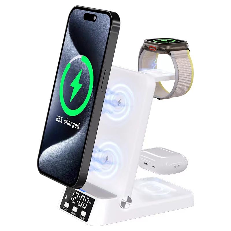 Dock di Ricarica 4 in 1 Compatibile con iPhone (Serie 8-15), Samsung, OnePlus, AirPods 2/3/Pro e Smartwatch