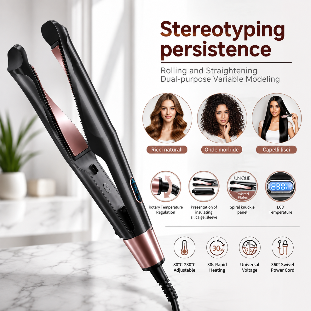 Piastra e Arricciacapelli 2-in-1 con Tecnologia Twist – Display LCD e Calore Regolabile