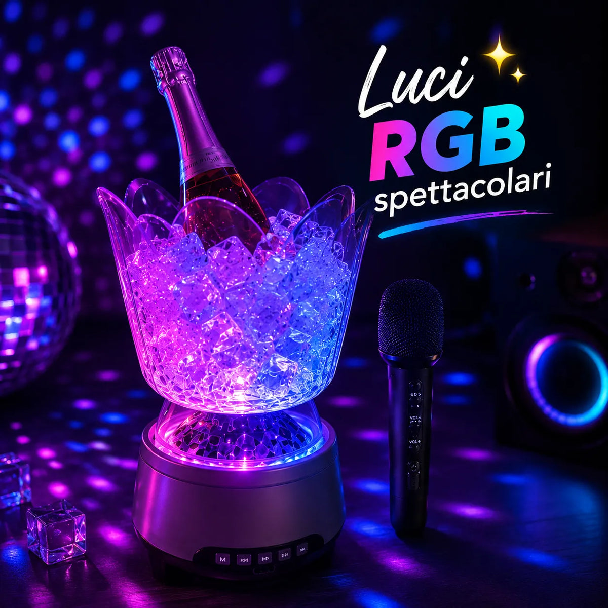 Secchiello Ghiaccio Karaoke Bluetooth con Microfono Wireless RGB – Ice Bucket Speaker LED Portatile per Feste, Spiaggia e Aperitivi – Effetti Luminosi Multicolor
