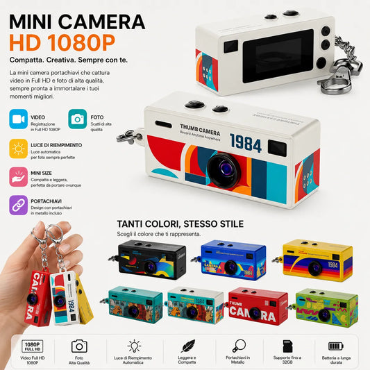 Mini Fotocamera Portatile Full HD 1080P con Schermo LCD – Mini Camera Retrò Portachiavi con Grandangolo 130°, USB-C, Foto e Video HD – Colore Casual