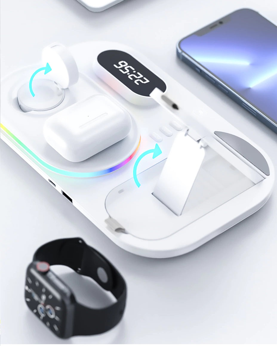 Stazione di ricarica wireless 4 in 1 con orologio digitale e luce notturna, caricabatterie wireless veloce da 15 W