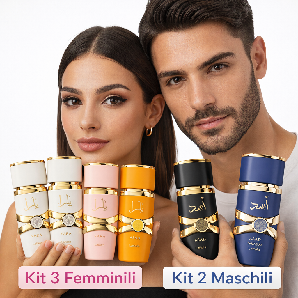 Set Profumi Lattafa 5 Pezzi – Kit 3 Femminili Yara + 2 Maschili Asad | Fragranze Arabe 30 ml