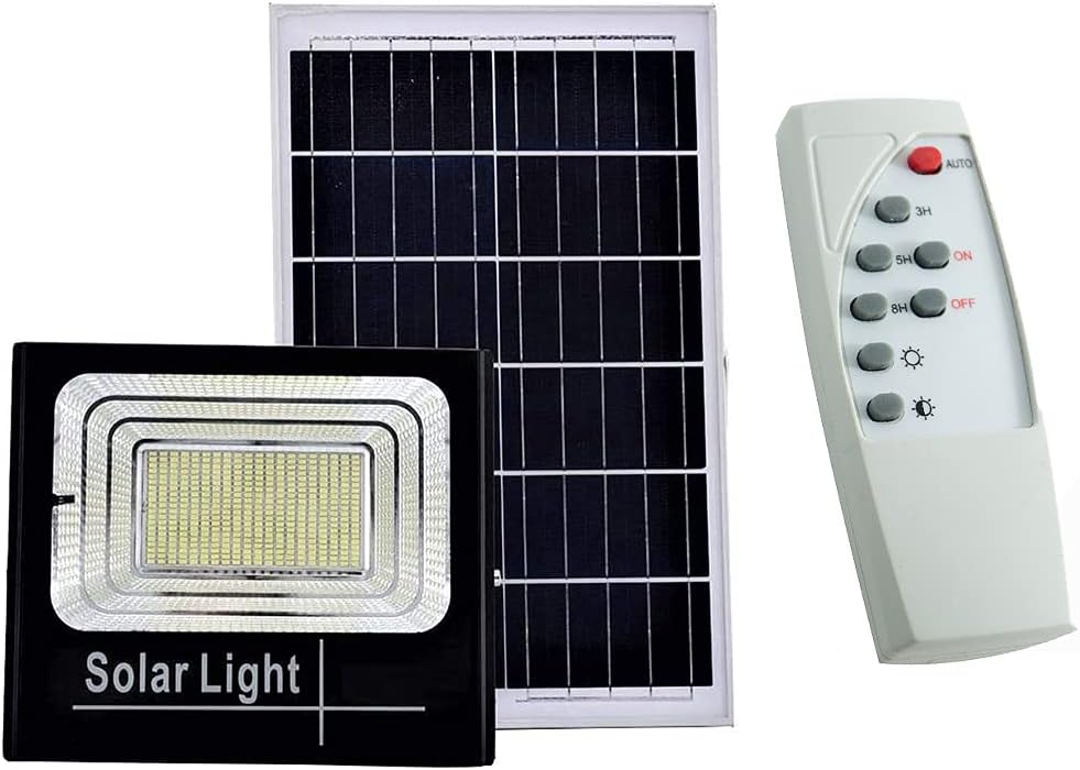 Shunjiuboy Faro LED Solare 100W con Sensore Crepuscolare, Telecomando e Timer, Luce Bianca Fredda 6500K, IP67