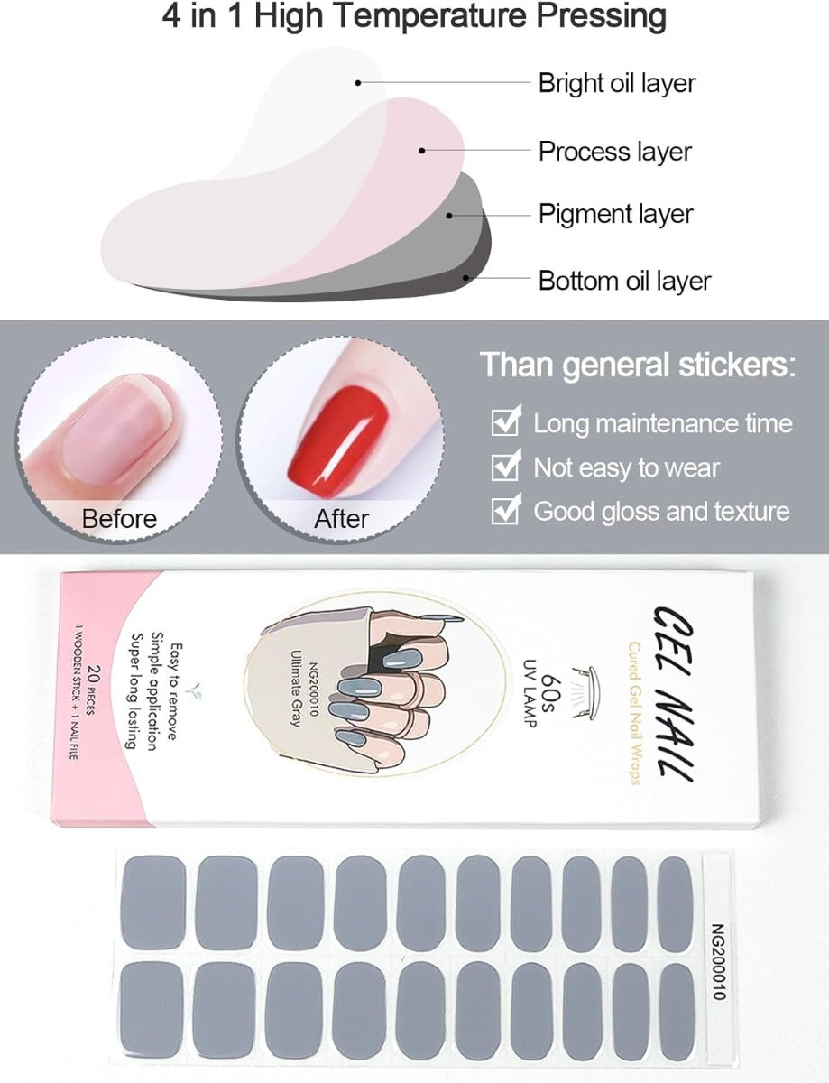 Kit Adesivi per Unghie in Gel Semipolimerizzato - 20 Strisce Autoadesive con Accessori per Manicure grigio