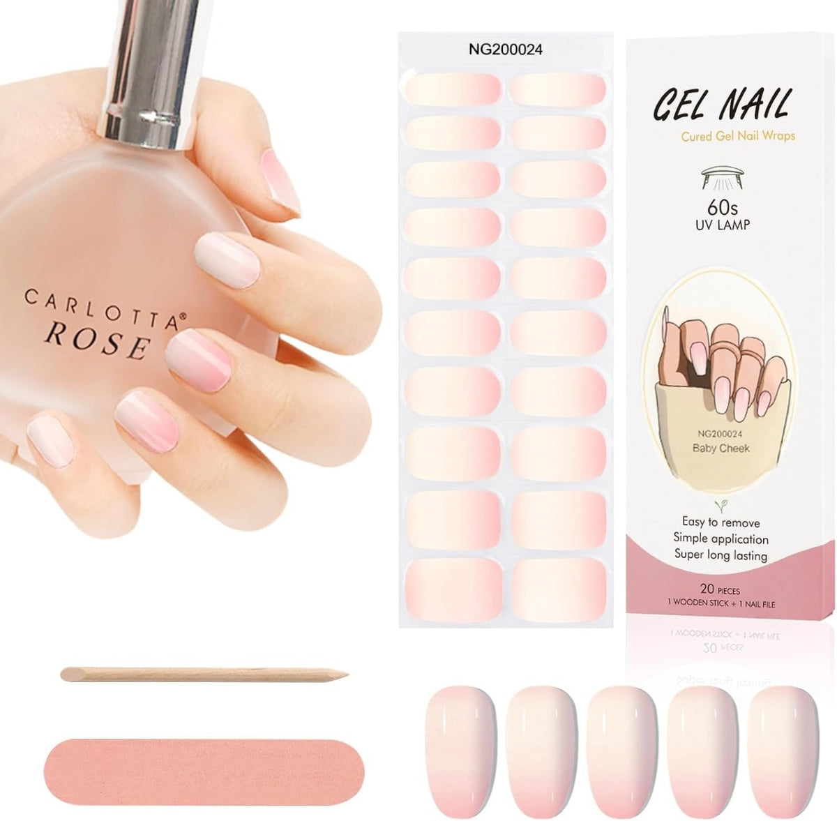 Kit Adesivi per Unghie in Gel Semipolimerizzato - 20 Strisce Autoadesive con Accessori per Manicure gradiente rosa