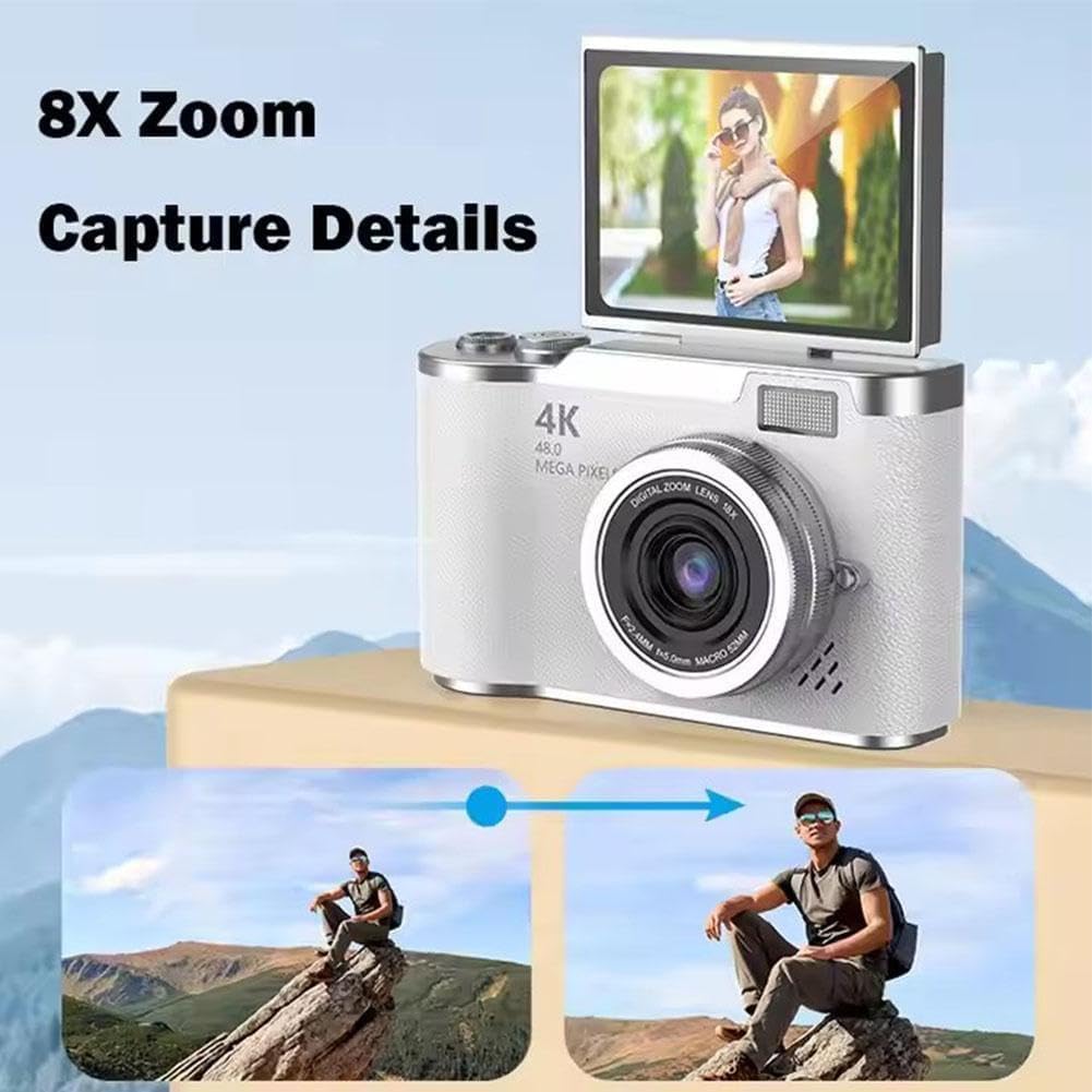 Fotocamera Digitale 4K con Zoom 8x – Compatta, 48MP, Display Flip 2,4", Video AVI, Selfie e Foto per Studenti