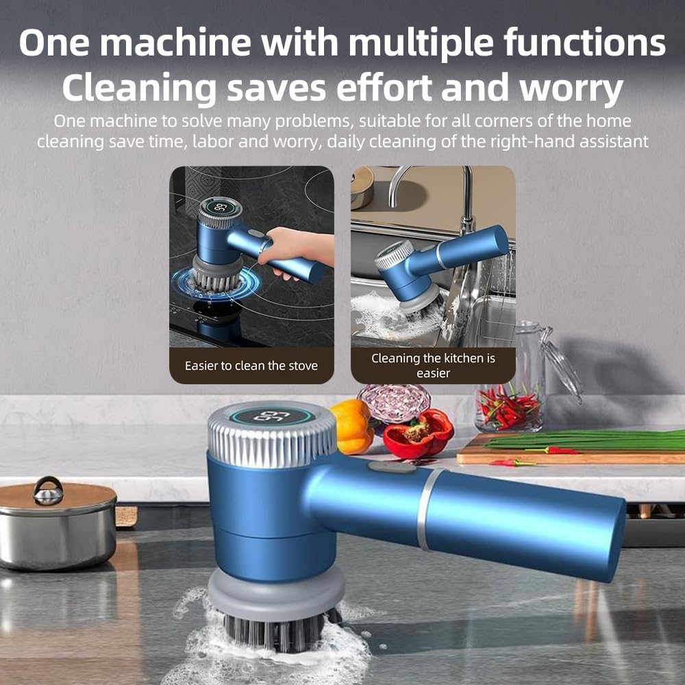 Set di Spazzole Elettriche 5 in 1 Senza Fili Impermeabile per Pulizia Multiuso – Pareti, Pavimenti e Piastrelle con Display Digitale a 3 Velocità