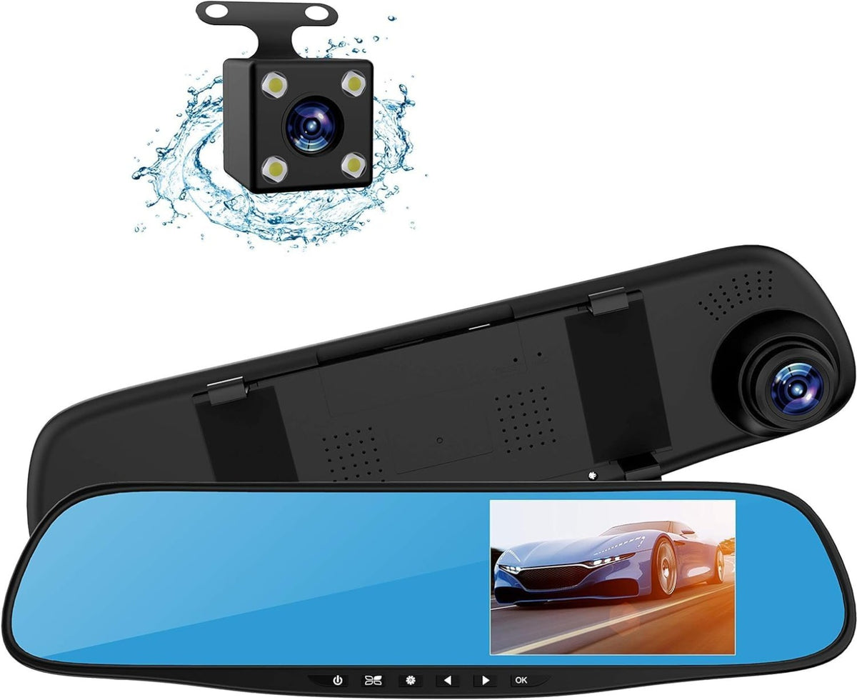 Specchietto Retrovisore Digitale 4.3" con Doppia Telecamera Full HD, Registrazione Video Anteriore e Posteriore, Motion Detection, Retrocamera Inclusa