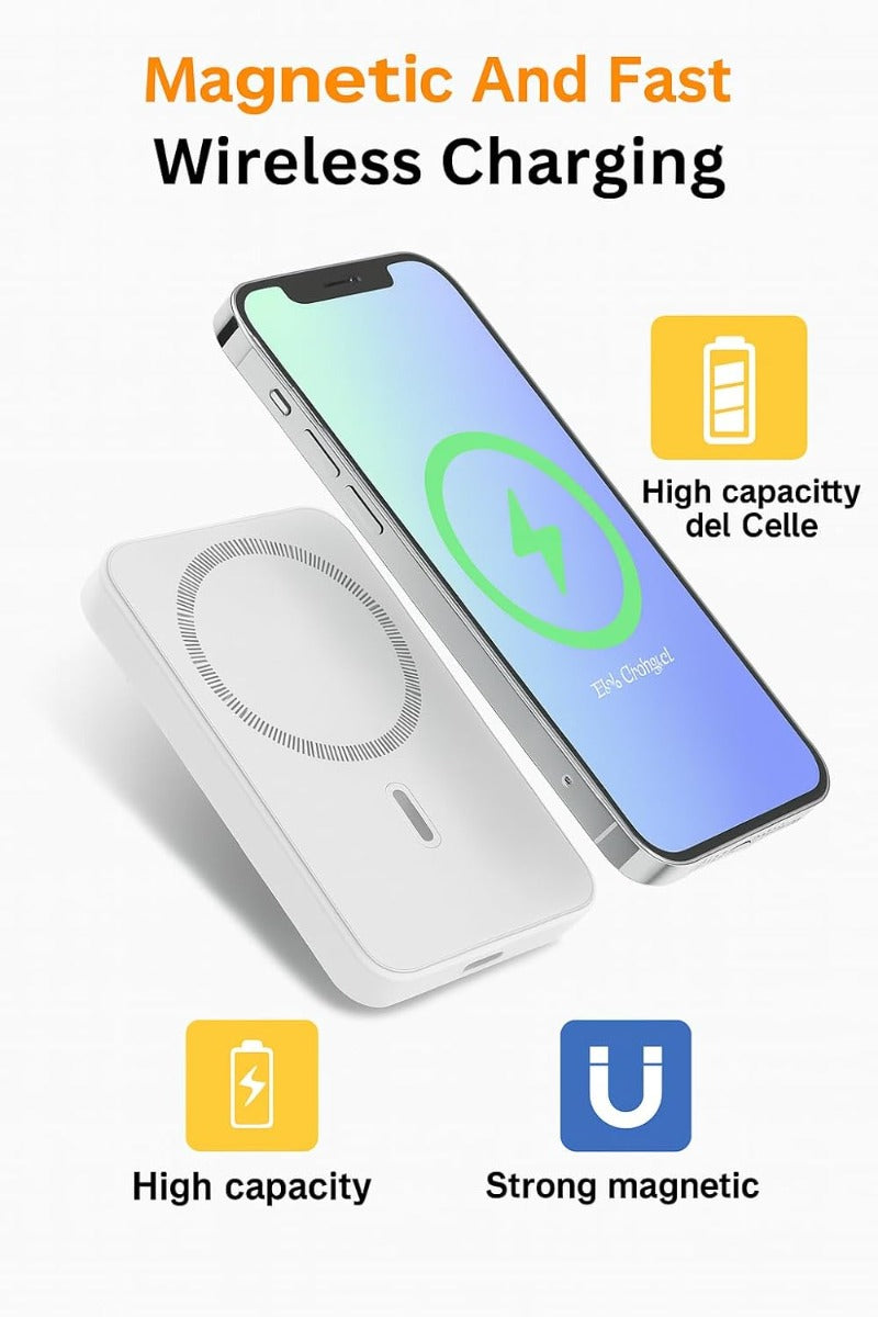 Power Bank Magnetico  F0-9001 12000mAh con Ricarica Wireless Qi e Cavo USB-C Lightning