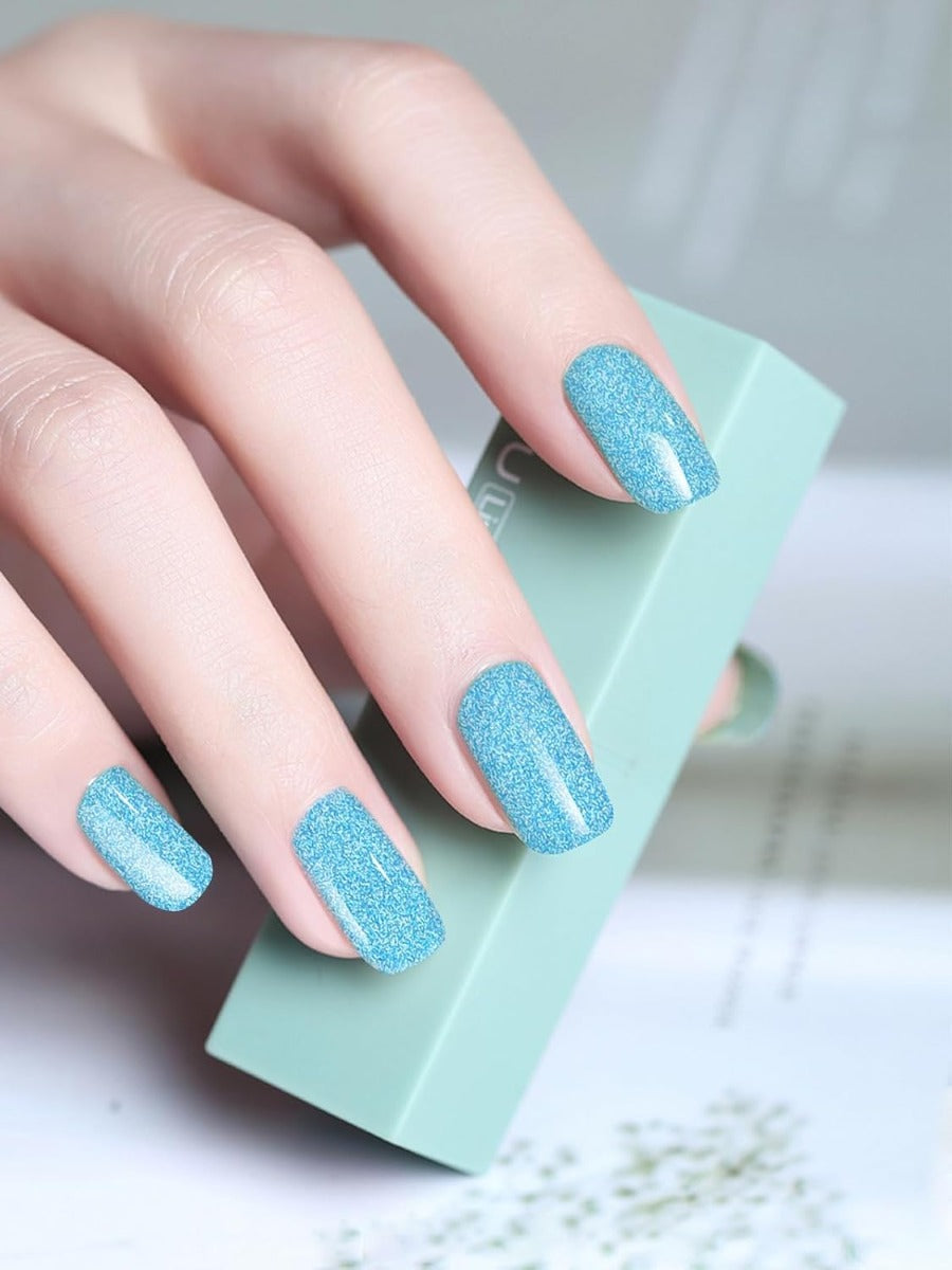 Kit Adesivi per Unghie in Gel Semipolimerizzato - 20 Strisce Autoadesive con Accessori per Manicure azzurro glitterato