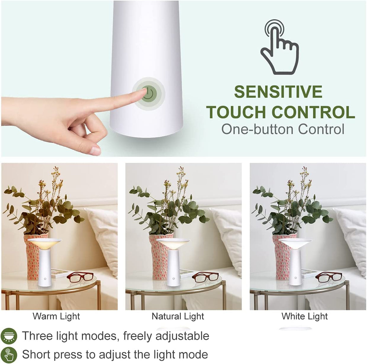 Lampada da tavolo da esterno moderna bianca 36LED USB, Lampada Ricaricabile con 180° Girevole 3 Colori
