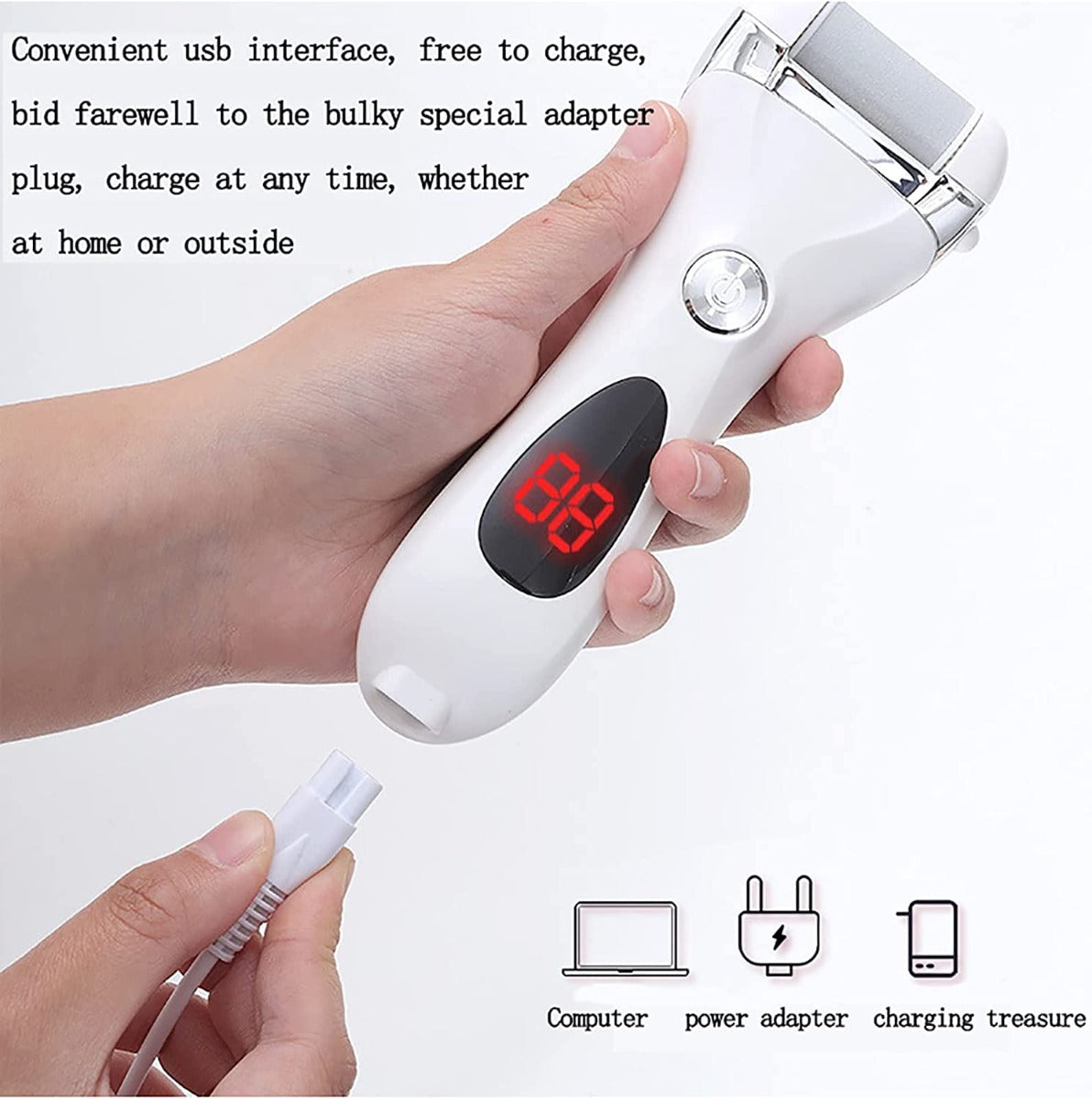 Rimuovi calli elettrico display digitale a led strumenti per la pedicure con 3 testine a rullo e 2 velocità per talloni screpolati e pelle morta