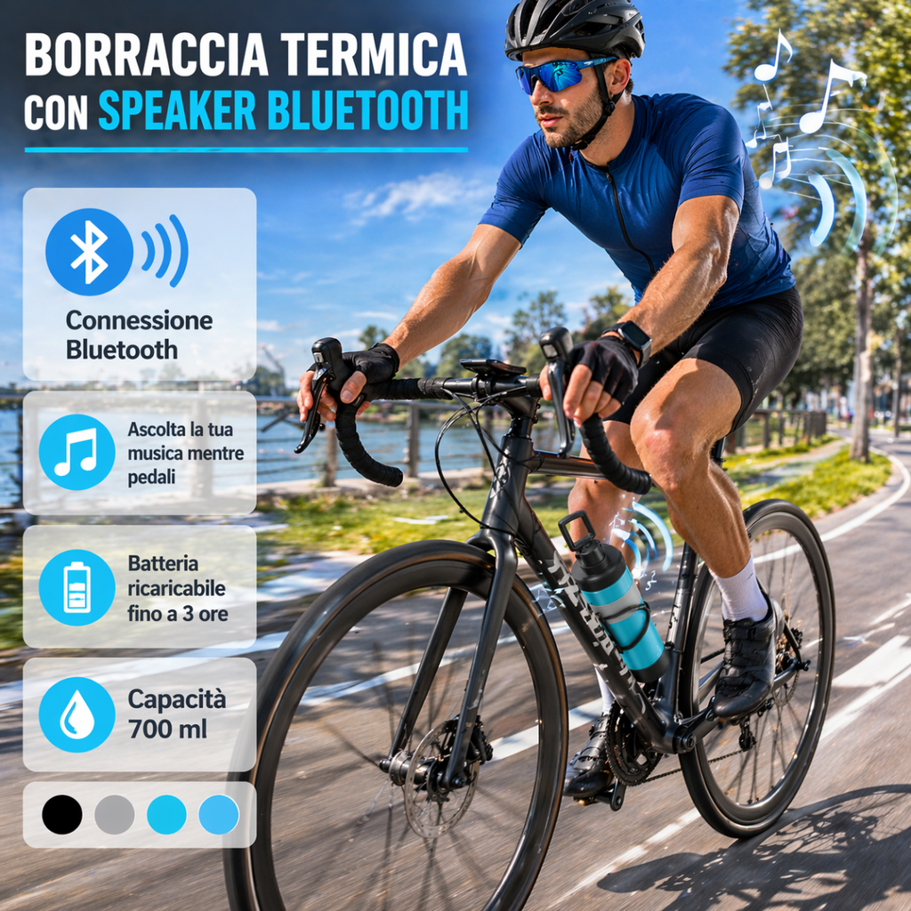 Borraccia Termica 700ML con Speaker Bluetooth Integrato – Wireless, Ricaricabile, Slot TF Card, Design Moderno