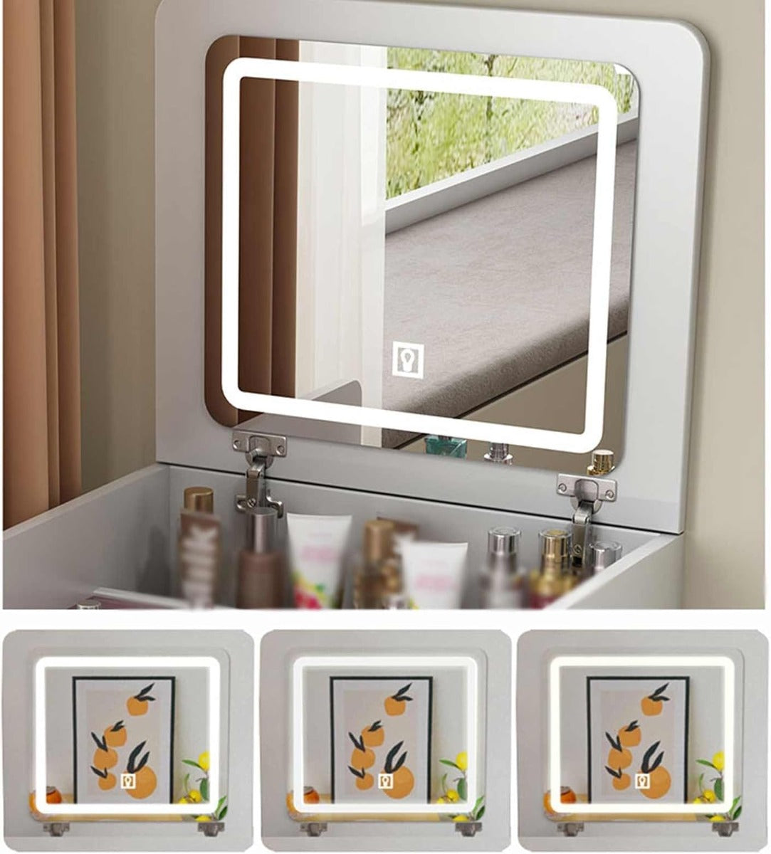 Mobile da trucco in Legno Massello con Specchio Cosmetico, Toletta con Illuminazione LED e Ampio Spazio di Archiviazione per Camera da Letto