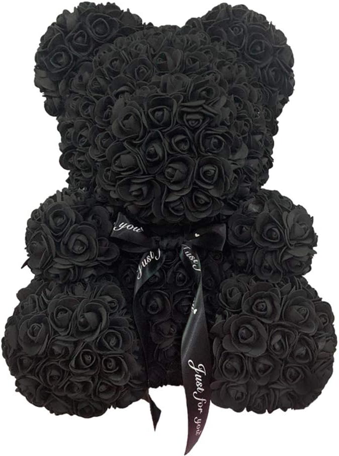 Orsetto con Rose Artificiali Fatto a Mano 25 cm (Nero)