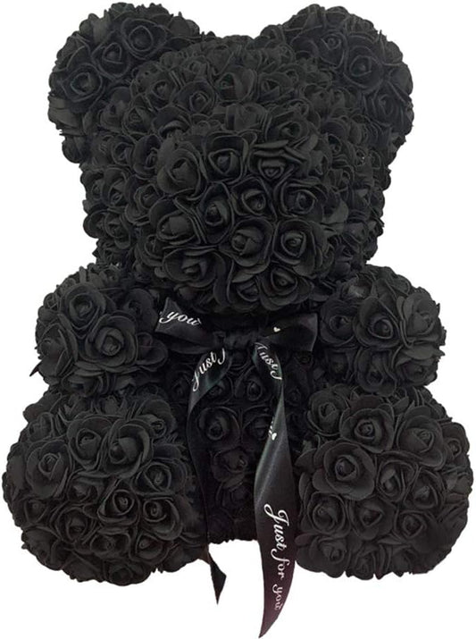 Orsetto con Rose Artificiali Fatto a Mano 25 cm (Nero)