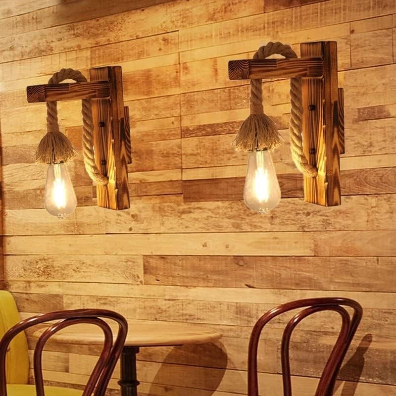 Applique da Parete in Legno e Corda di Canapa Stile Rustico Retrò per Lampadina E27 max 60W