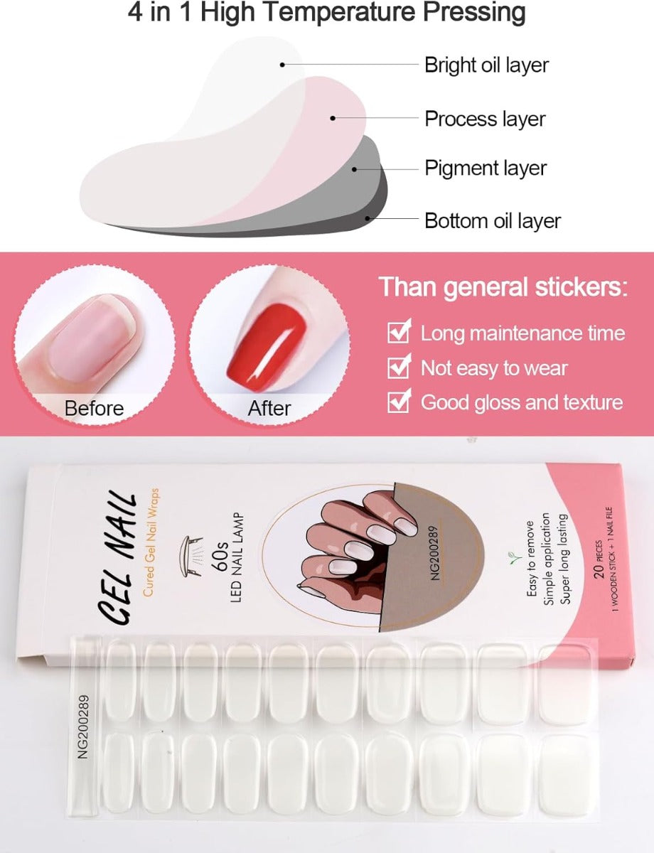Kit Adesivi per Unghie in Gel Semipolimerizzato - 20 Strisce Autoadesive con Accessori per Manicure bianco solido