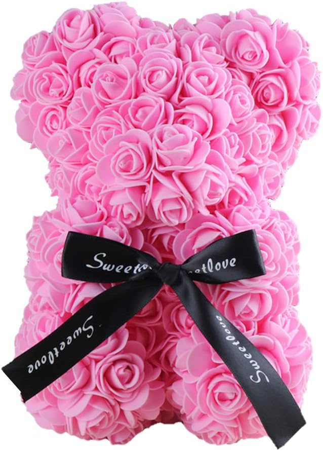 Orsetto con Rose Artificiali Fatto a Mano 25 cm (Rosa)