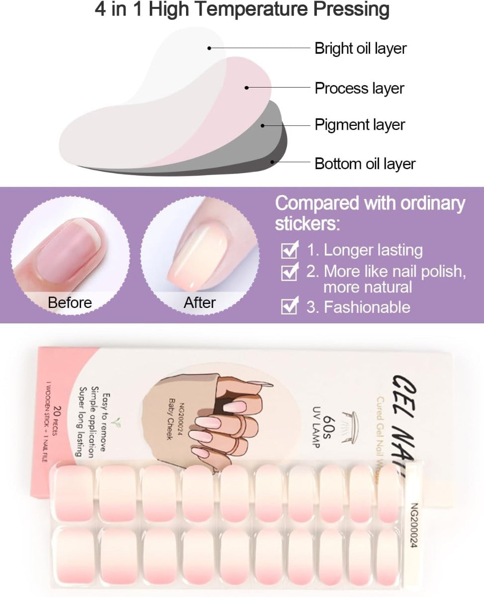 Kit Adesivi per Unghie in Gel Semipolimerizzato - 20 Strisce Autoadesive con Accessori per Manicure gradiente rosa