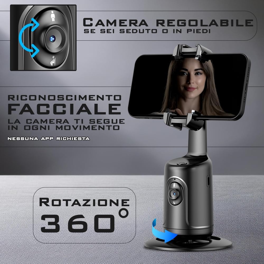 Stabilizzatore Smartphone con Tracciamento del Volto e Controllo Gestuale – Compatibile con Treppiedi, Connessione Bluetooth, USB-C, Nero