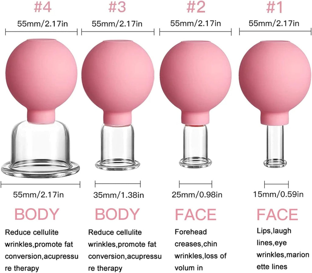 Set da 4 Coppette Cupping in Vetro e Silicone per Viso e Corpo – Massaggio Vacuum Rilassante per Dolori Muscolari, Rughe, Ritenzione Idrica e Cura della Pelle