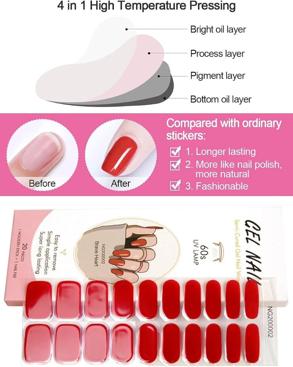 Kit Strisce Adesive per Unghie in Gel - 20 Pezzi con Lima e Bastoncino per Manicure Perfetta rosso